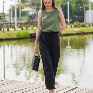 Black linen Pants with buttons elastic waist
